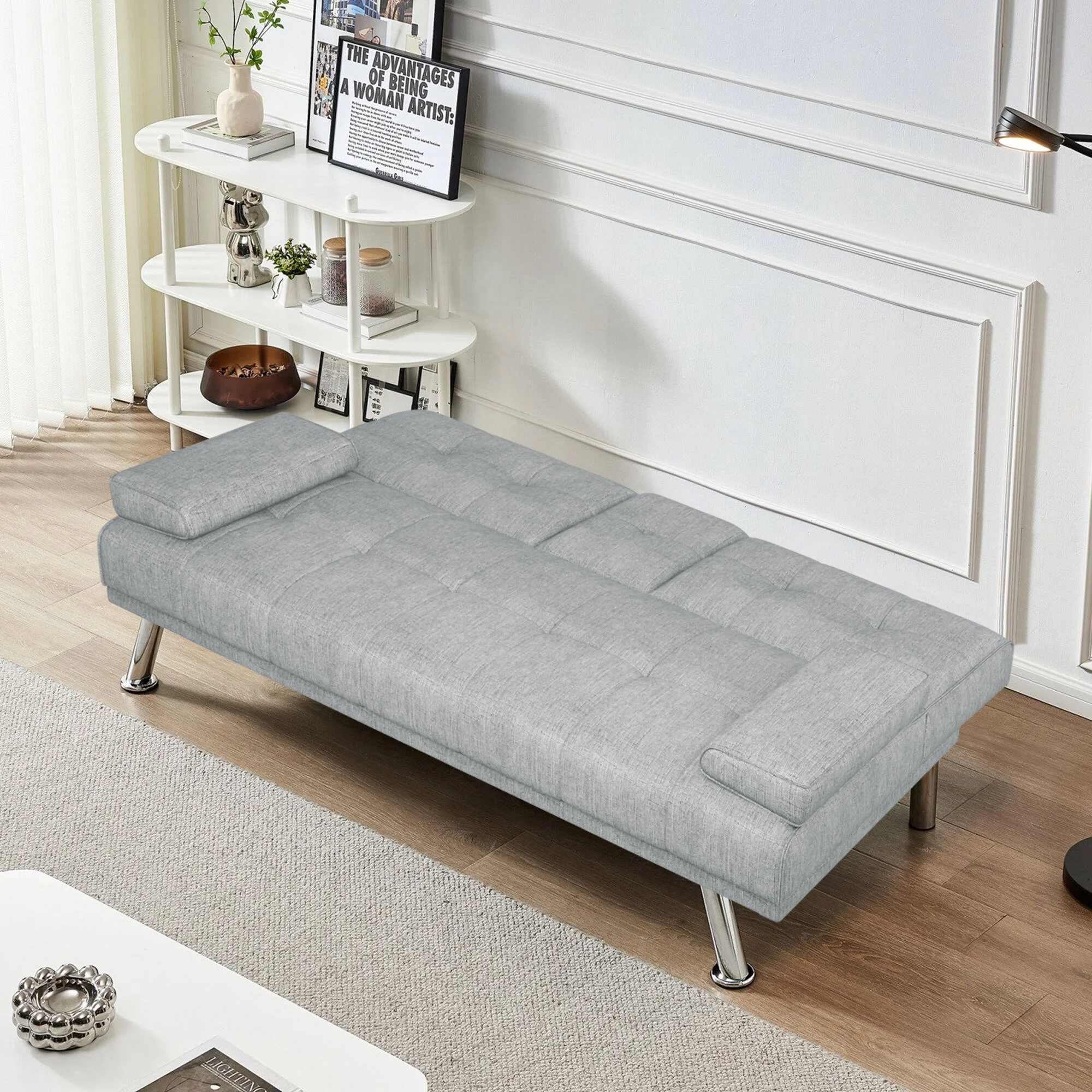 BEABA Futon Sofa Bed Modern PU Faux Convertible Couches with Cup Holder and Pillows Folding Furniture Upholstery
