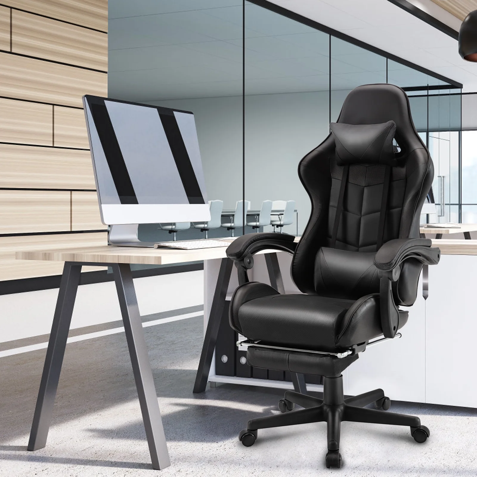 SOONTRANS Green Gaming Chair with Footrest, High Back Gamer Chair with Massage Lumbar Pillow, Gamer Computer Desk Chair (Green)
