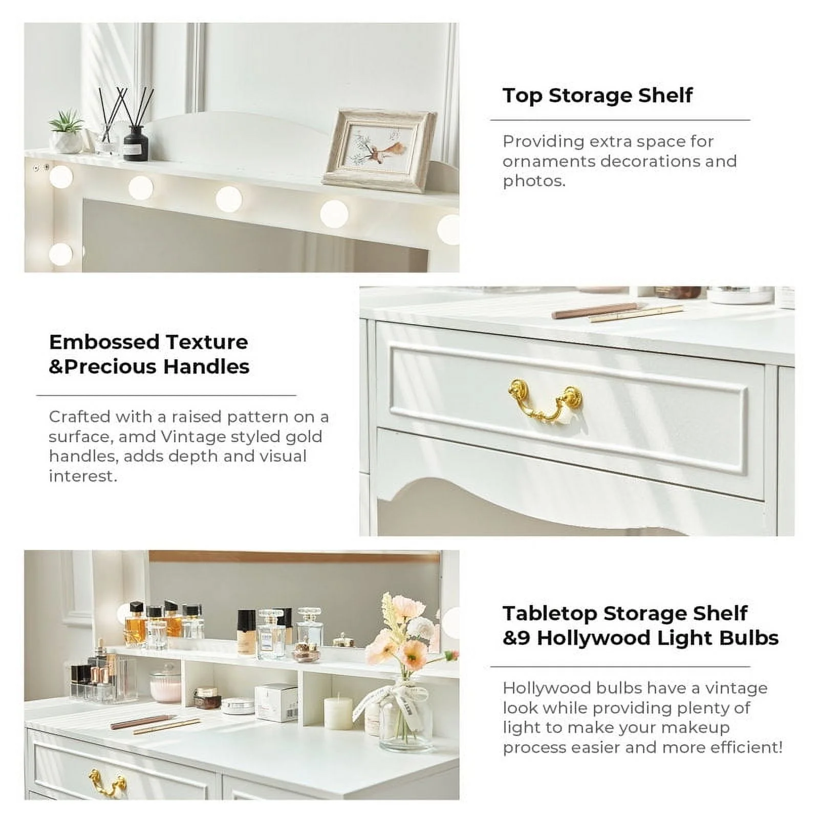 Vanity Desk with Mirror and Light 1 Piece Bohemian White Vanity Table,French Country Style