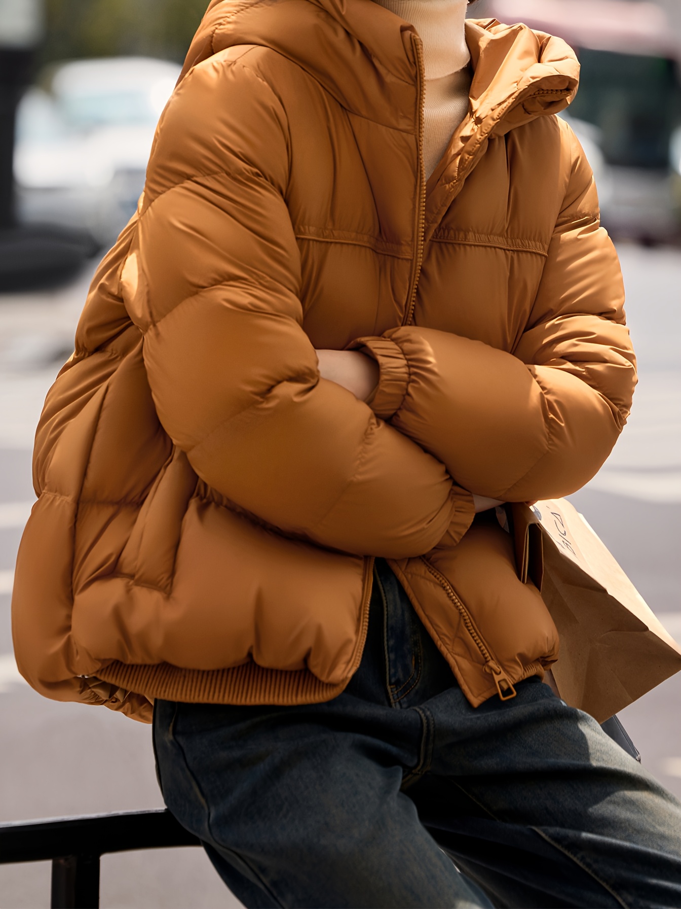XWI Elegant Puff-Sleeve Down Jacket for Women – Casual Winter Coat with Zip Closure, Solid Color, Polyester Lining