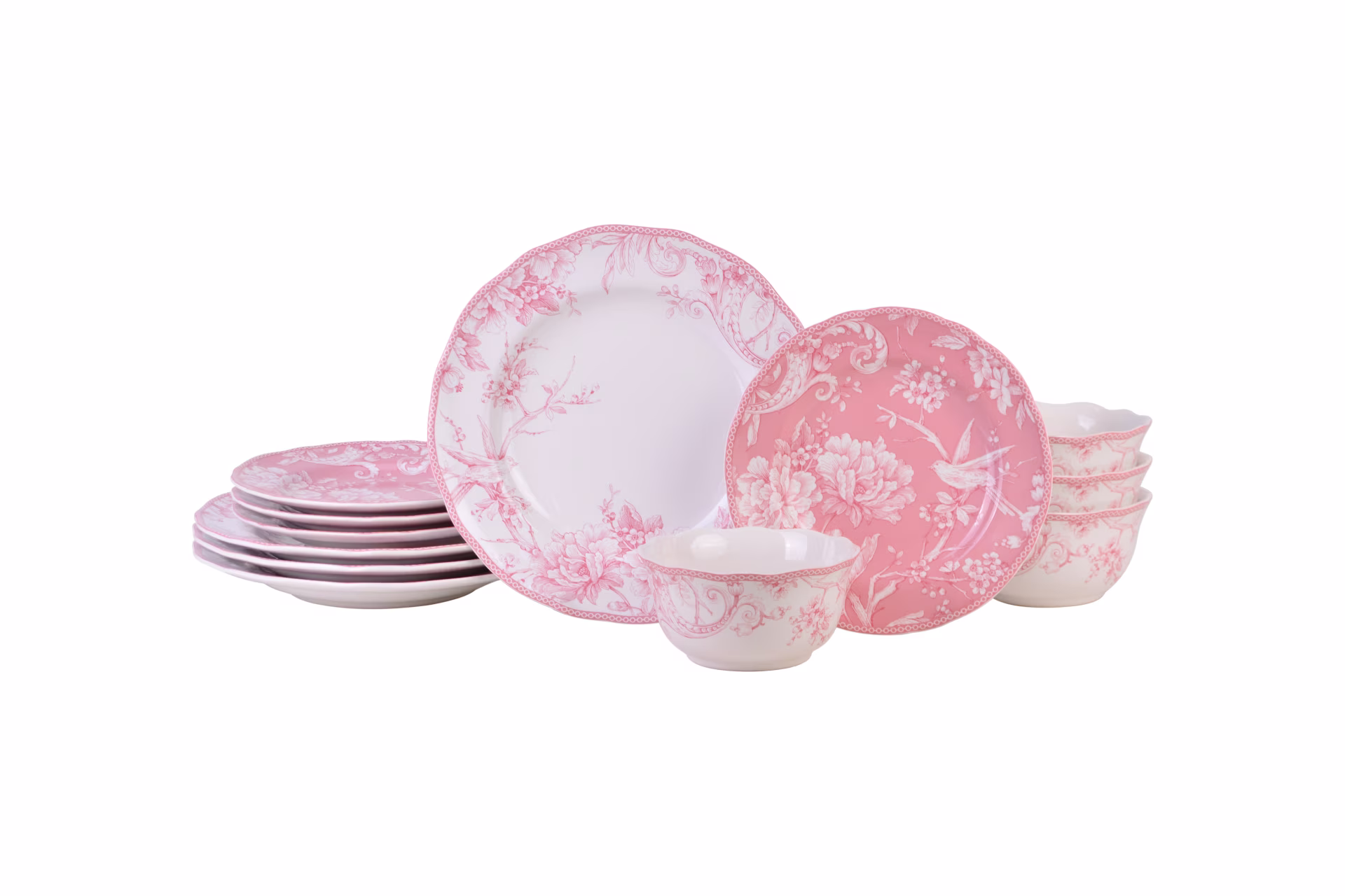 222 Fifth Adelaide Brown on White Porcelain 12 Piece Dinnerware Set, Plates & Bowls, Service for 4