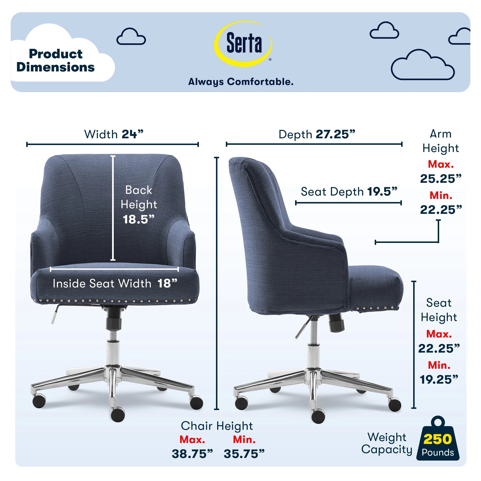 Serta Leighton Home Office Desk Chair Chrome Nailheads Twill Fabric Lilac Purple