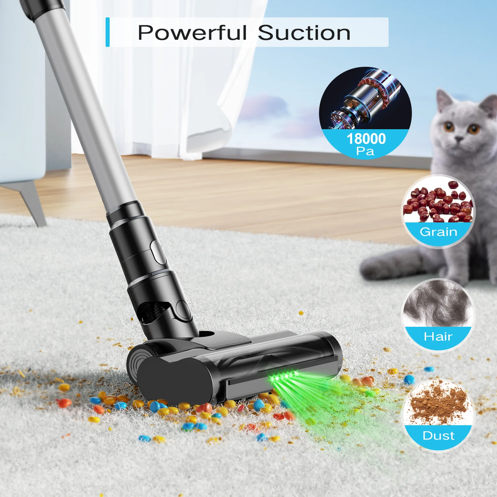 MOOSOO Stick Vacuum Cleaner, LED Display, Anti-Tangle Brush, Powerful No-Fading Suction for Pet Hair, Hard Floors and Carpet