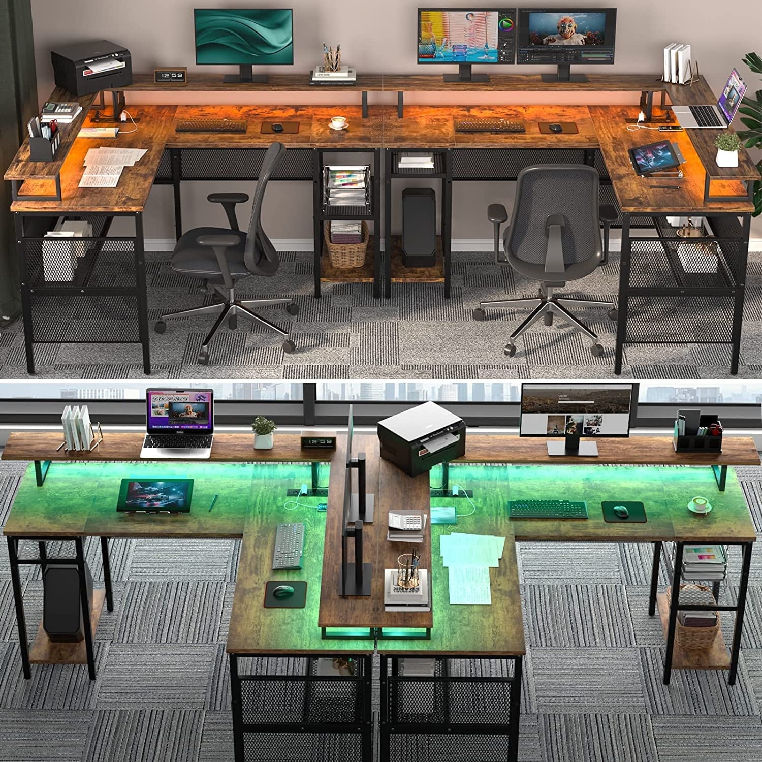 Homieasy L Shaped Desk with Power Outlets and LED Light, 55 inch Reversible L-Shaped Gaming Desk with Monitor Stand, Ergonomic Corner Computer Desk with Storage Shelf for Home Office, Rustic Brown