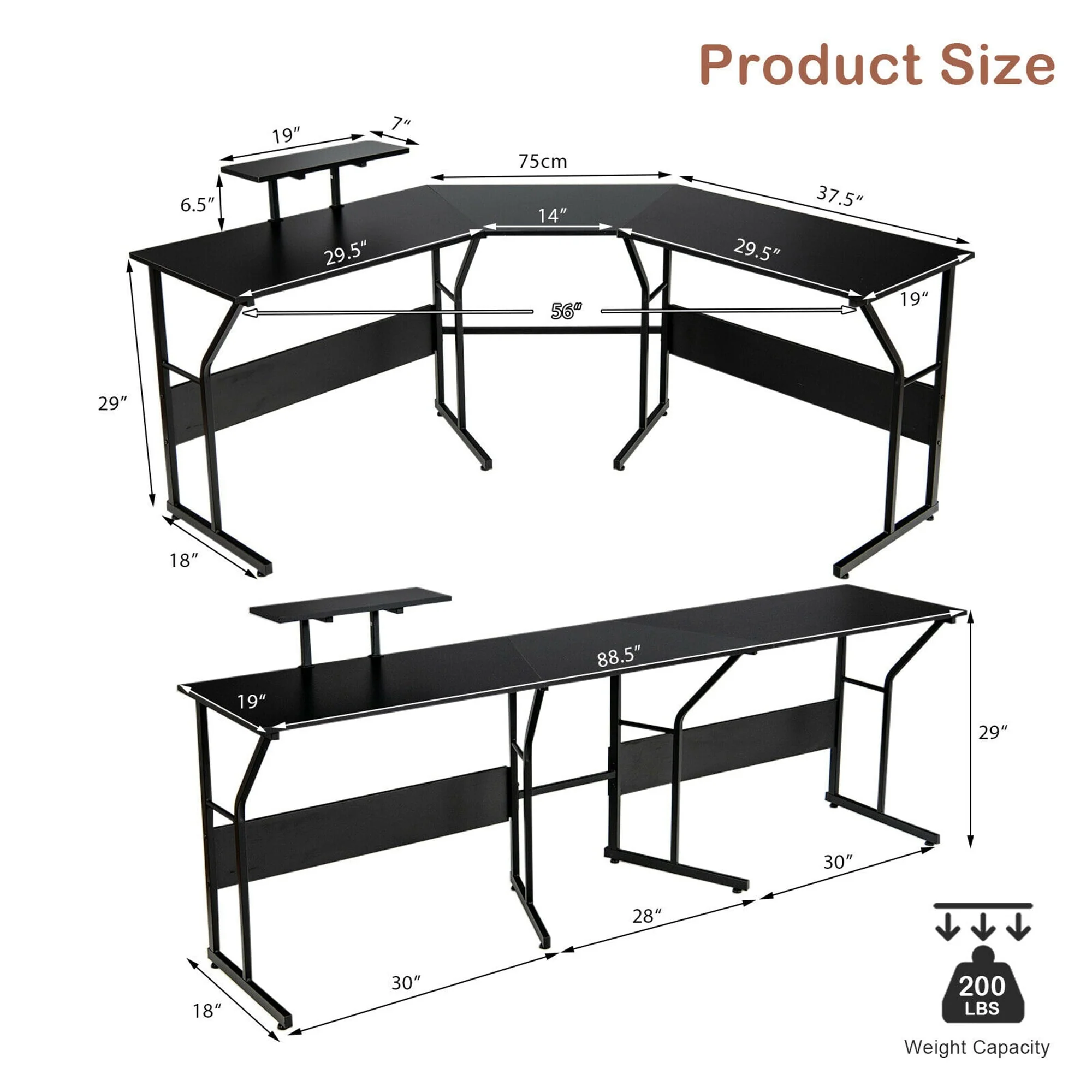 Gymax 88.5'' L Shaped Reversible Computer Desk 2 Person Long Table Monitor Stand Black