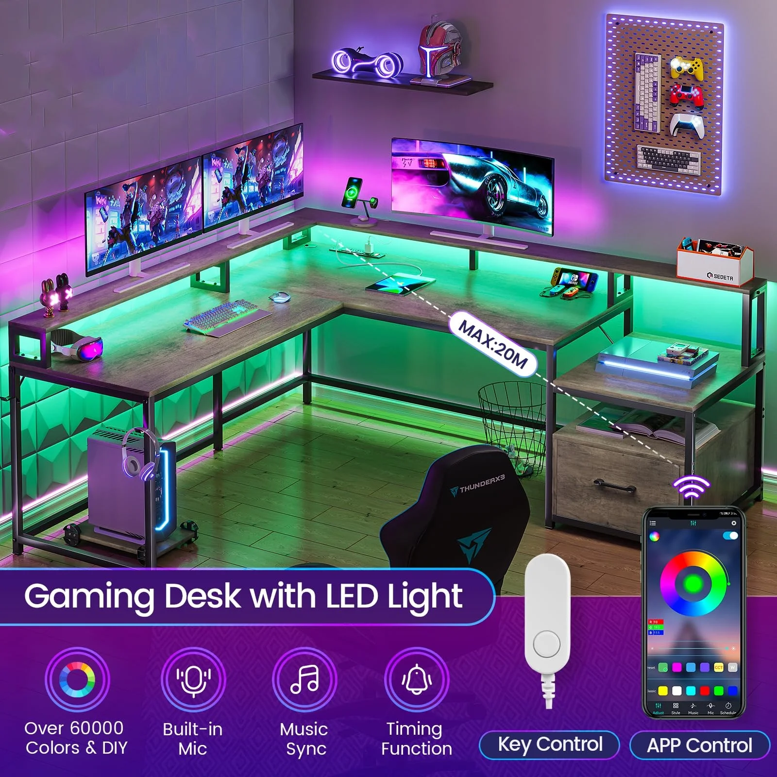 L Shaped Desk with Power Outlet and LED Lights, Corner Computer Desk with File Drawer for Home Office,  Gaming Desk,  Rustic Brown