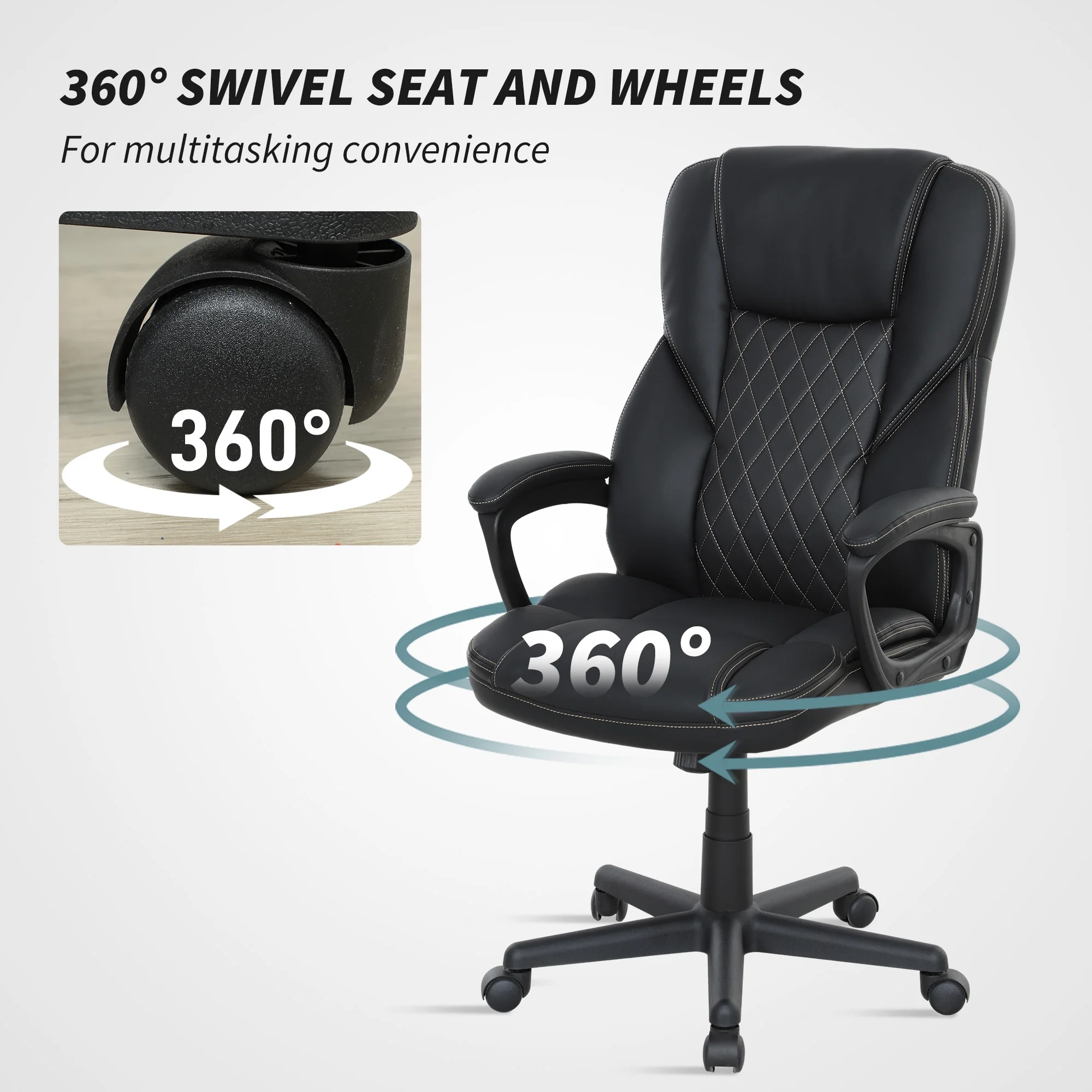 HOMCOM High Back Executive Office Chair, PU Leather Computer Desk Chair with Adjustable Height, Padded Armrests and Swivel Wheels, Black