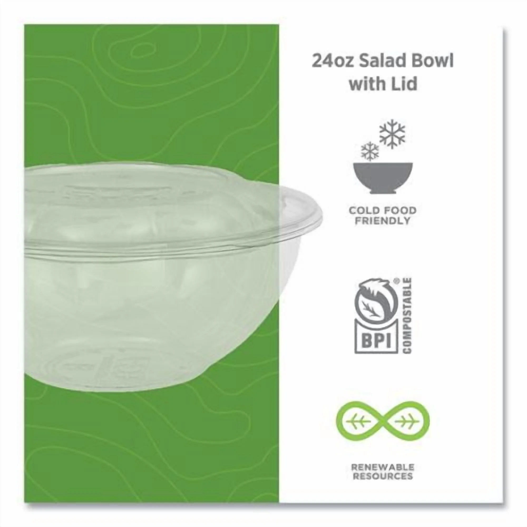 Eco-Products Renewable and Compostable Salad Bowls with Lids, 24 oz, Clear, Plastic, 50/Pack, 3 Packs/Carton