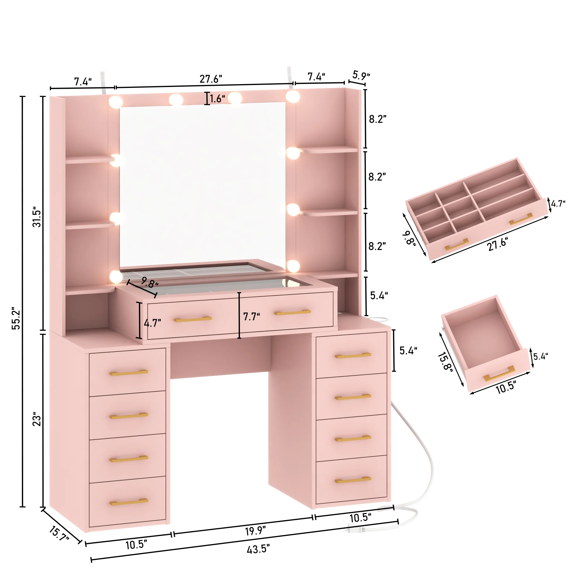 White Vanity Desk with Mirror & LED Lights, Glass Top Vanity Desk with Charging Station & Compartment Storage Drawers, 43