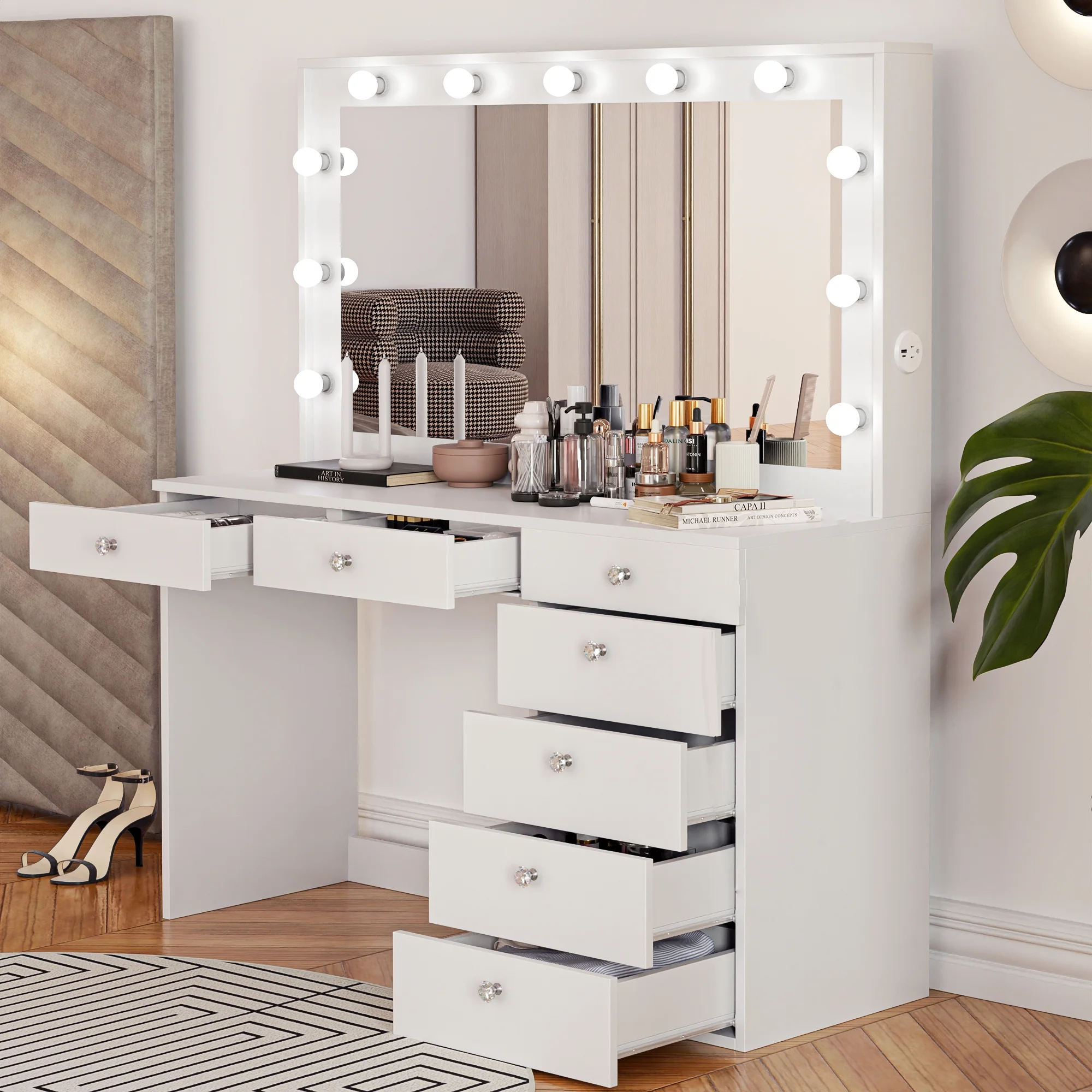 Ember Interiors Peggy Vanity Desk with Lighted Mirror and USB Ports