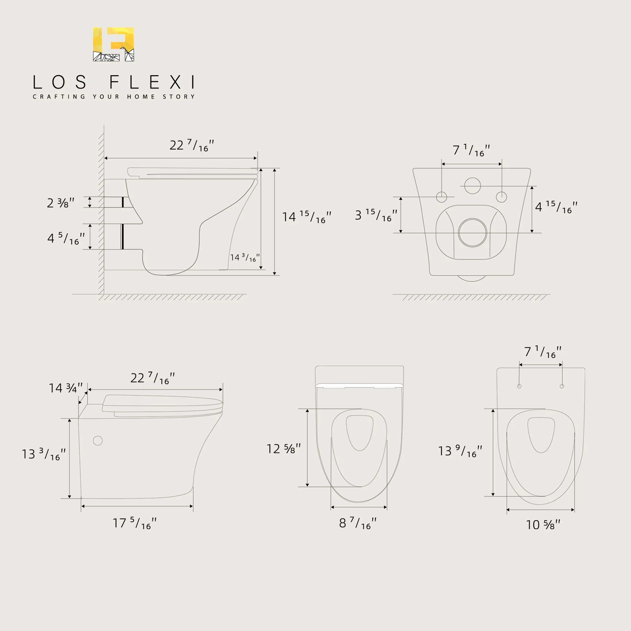 Los Flexi Compact Wall-Mount Toilet Set - Round Bowl, In-Wall Tank, Tornado Flush, Actuator Plate Included
