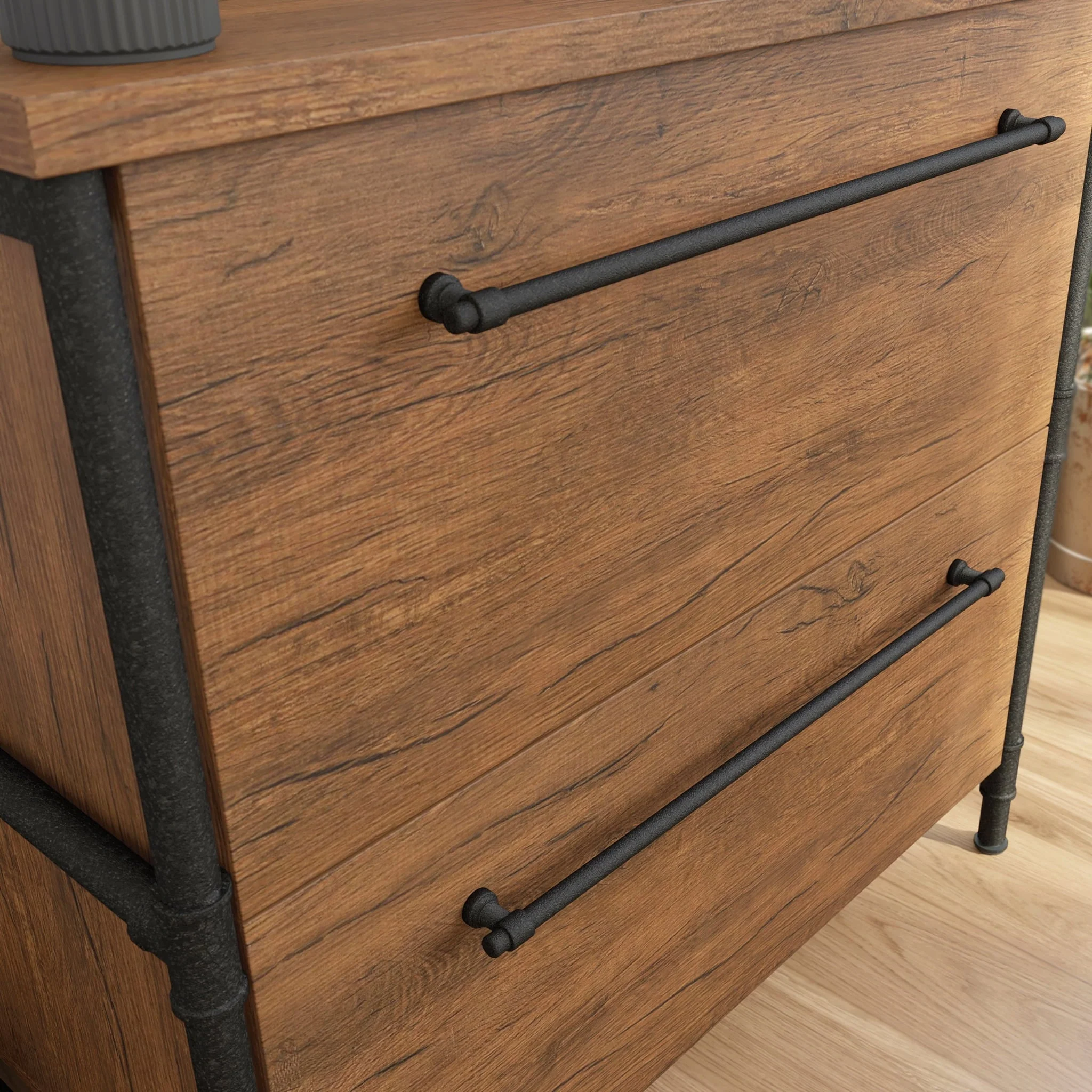 Sauder Iron City Industrial Interlocking 2 Drawer Lateral File Cabinet, Checked Oak Finish