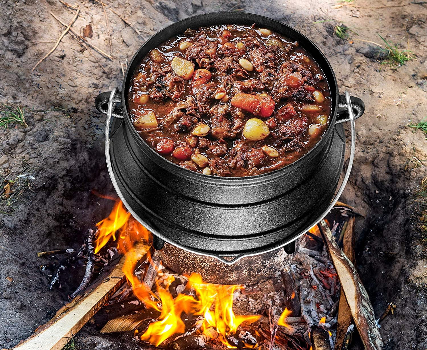 Bruntmor Pre-Seasoned Cast Iron Cauldron - Bruntmor African Potjie Pot with Lid - 3 Legs for Even Heat Distribution - Camping Dutch Oven Cookware for Over-the-Fire Cooking - 10 Quarts, X-Large