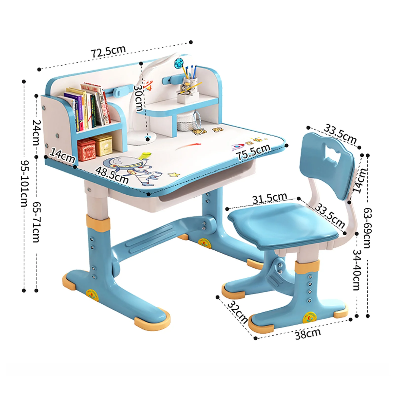 Riguas Adjustable Height Kids Cartoon Pattern Activity Tables with with Chair Drawer