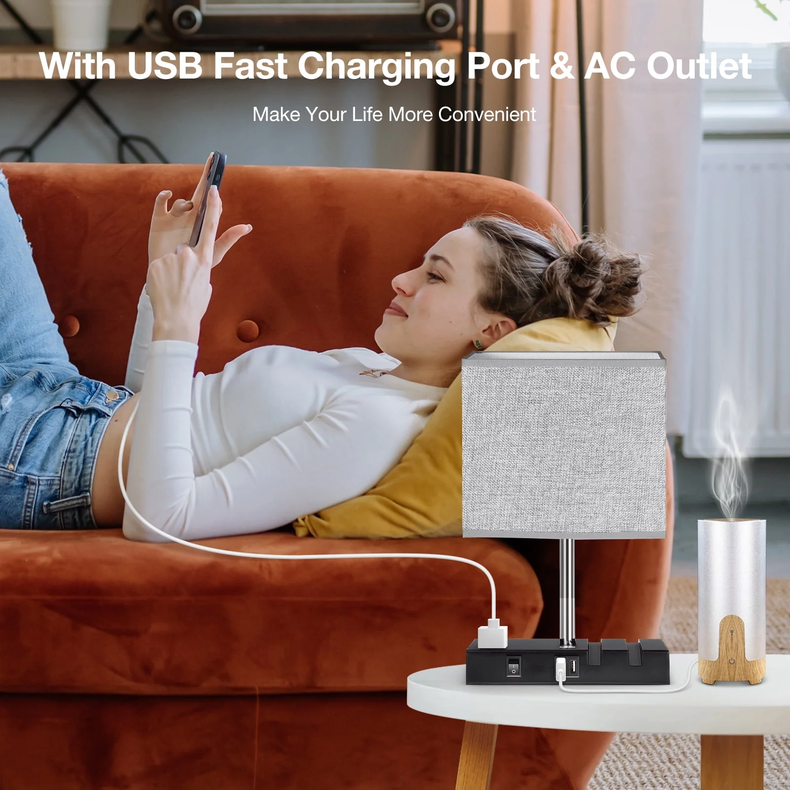 Touch Control Table Lamp with 2 USB Charging Ports, 1 AC Outlets and 2 Phone Stands, Modern USB Desk Lamp with Black Wooden Base and Grey Shade Suitable for Bedroom, Living Room