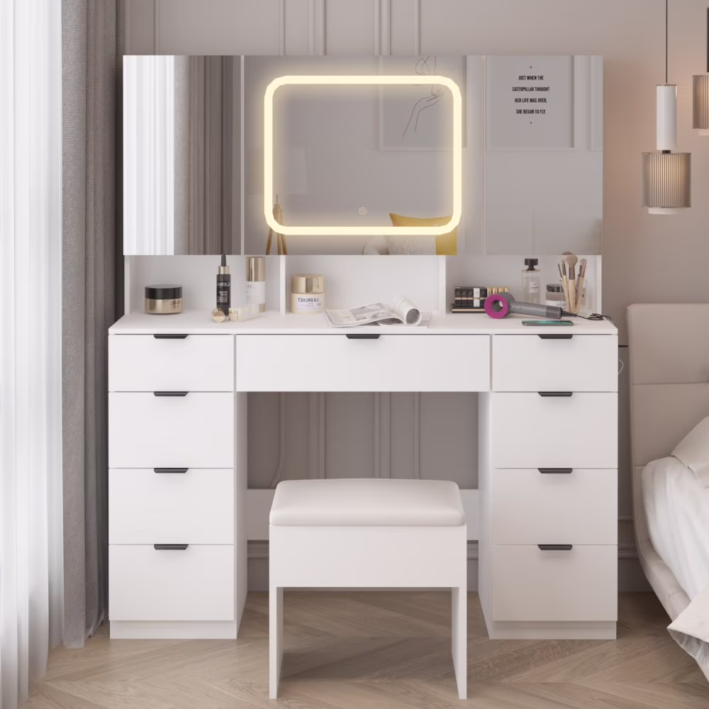 IVV Vanity Desk Set with Large LED Lighted Mirror & Power Outlet, Makeup Dressing Table with 9 Drawers and 3 Cabinets in Mirrored Doors, 47