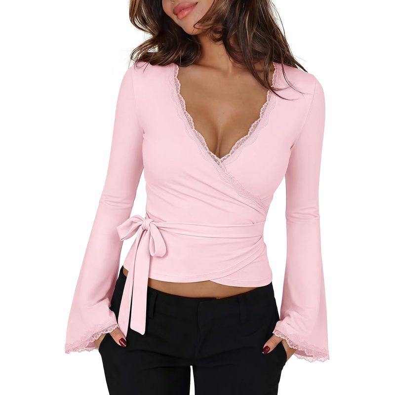 Sexy Going Out Lace Wrap Tops for Women Bell Long Sleeve Top