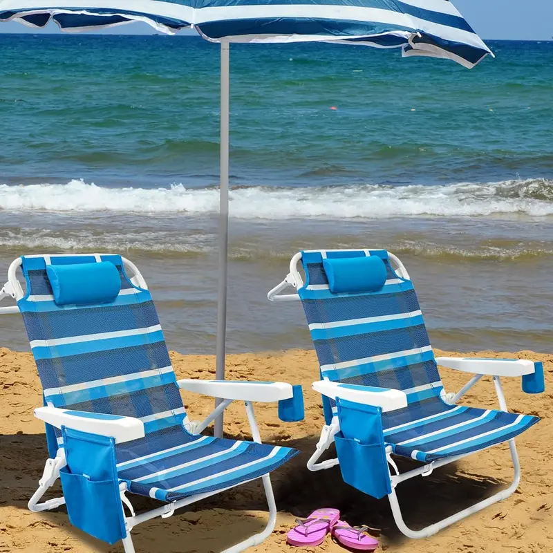 2-Pack Textilene Folding Beach Chair – 5-Position Recline. Backpack Straps. Cooler Bag & Cup Holder for Outdoor Use