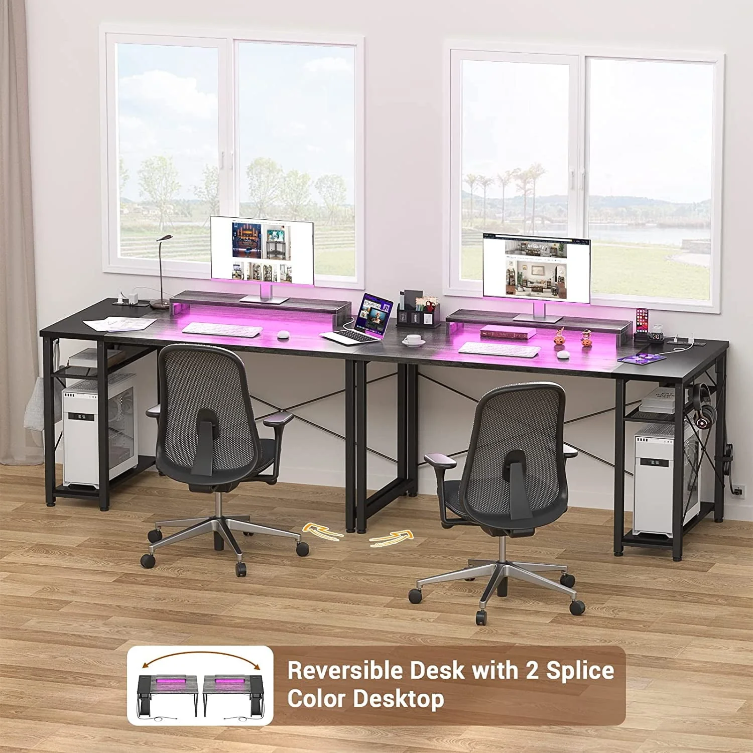 Homieasy Computer Desk with Power Outlet and USB Ports, 40 inch Reversible Ergonomic Gaming Desk with Monitor Stand and LED Strip, Small Desk Office Desk Writing Desk with Storage, Grey and Black