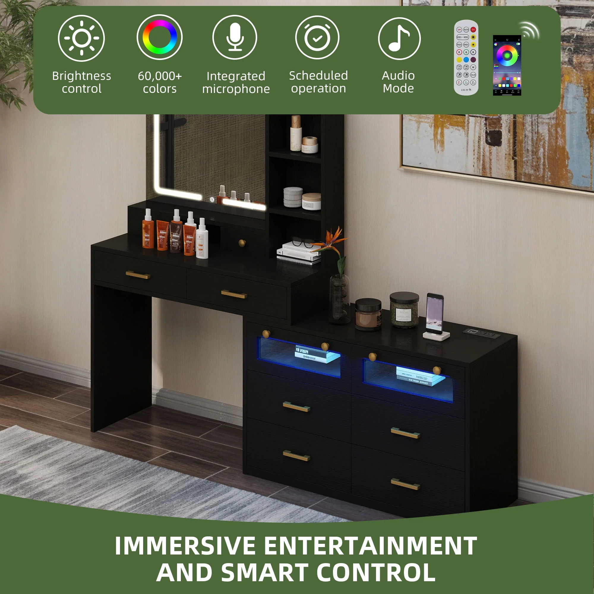 Uforic Vanity Makeup Desk with LED Light Mirror & Power Outlet, 10 Drawers, 4 Storage Shelves, 3 Color Modes & Adjustable Brightness Dressing Table, Corner Vanity,L Shape Change, 65