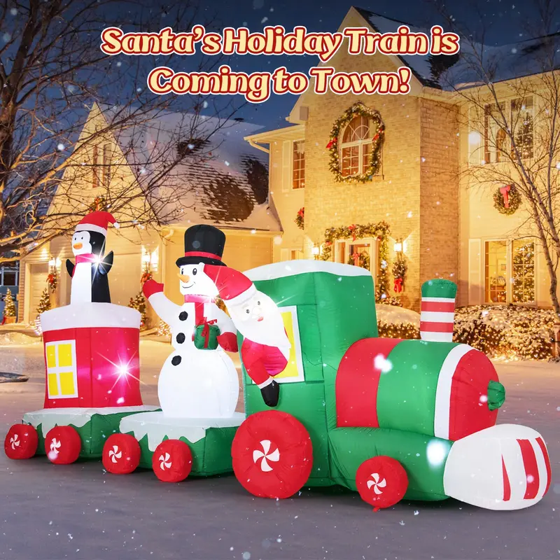 11.5-Foot Inflatable Christmas Train – Festive Outdoor Decoration with Santa. Snowman & Penguin Characters