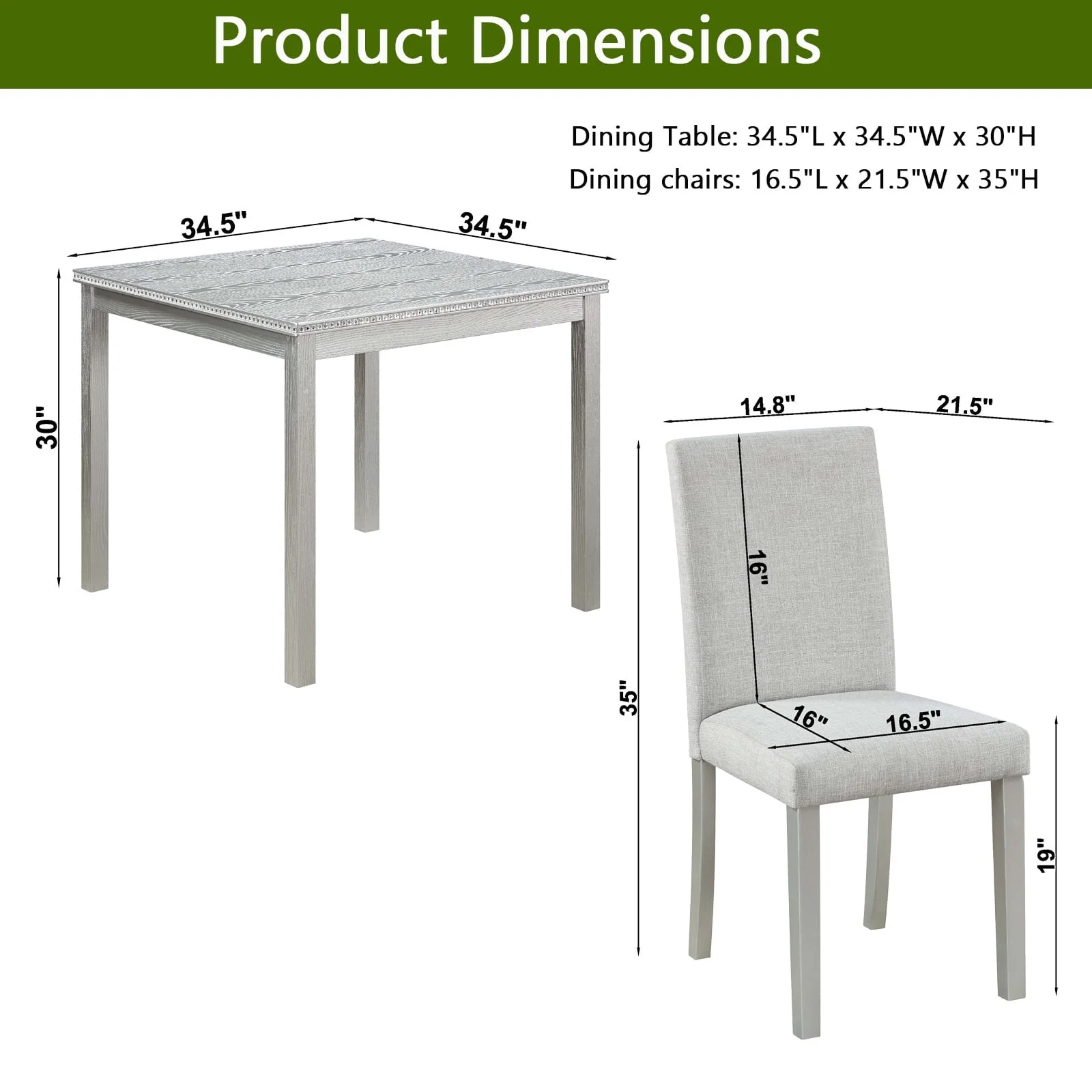PORKISS Dining Table Set for 4, Solid Wood Dining Room Set with 1 Square Table 4 Upholstered Chairs, Dinner Table with Padded Chairs for Home Kitchen, Gray