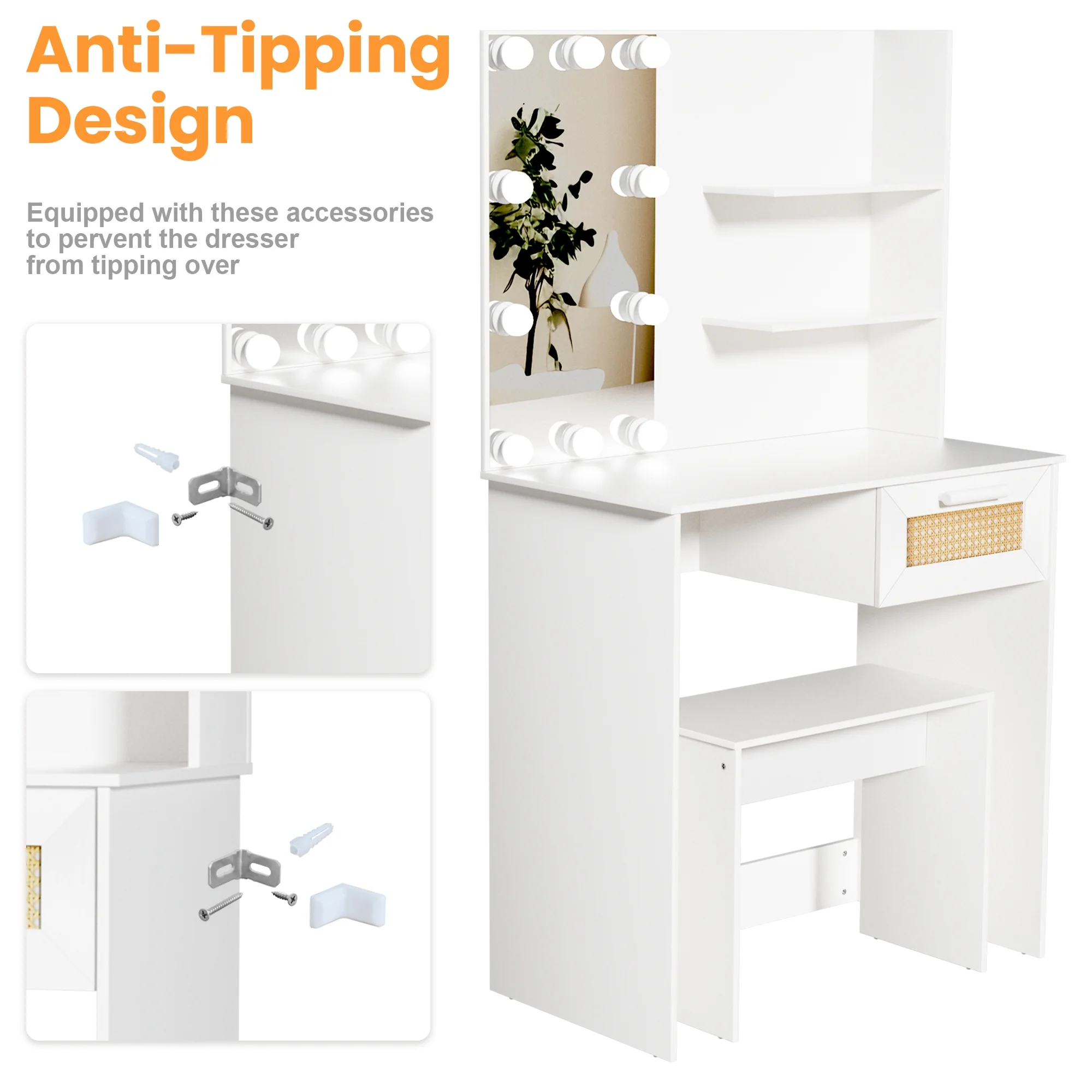 Resenkos Vanity Desk Set with Mirror and Lights for Makeup, 5 Drawers Storage Dresser for Bedroom, White