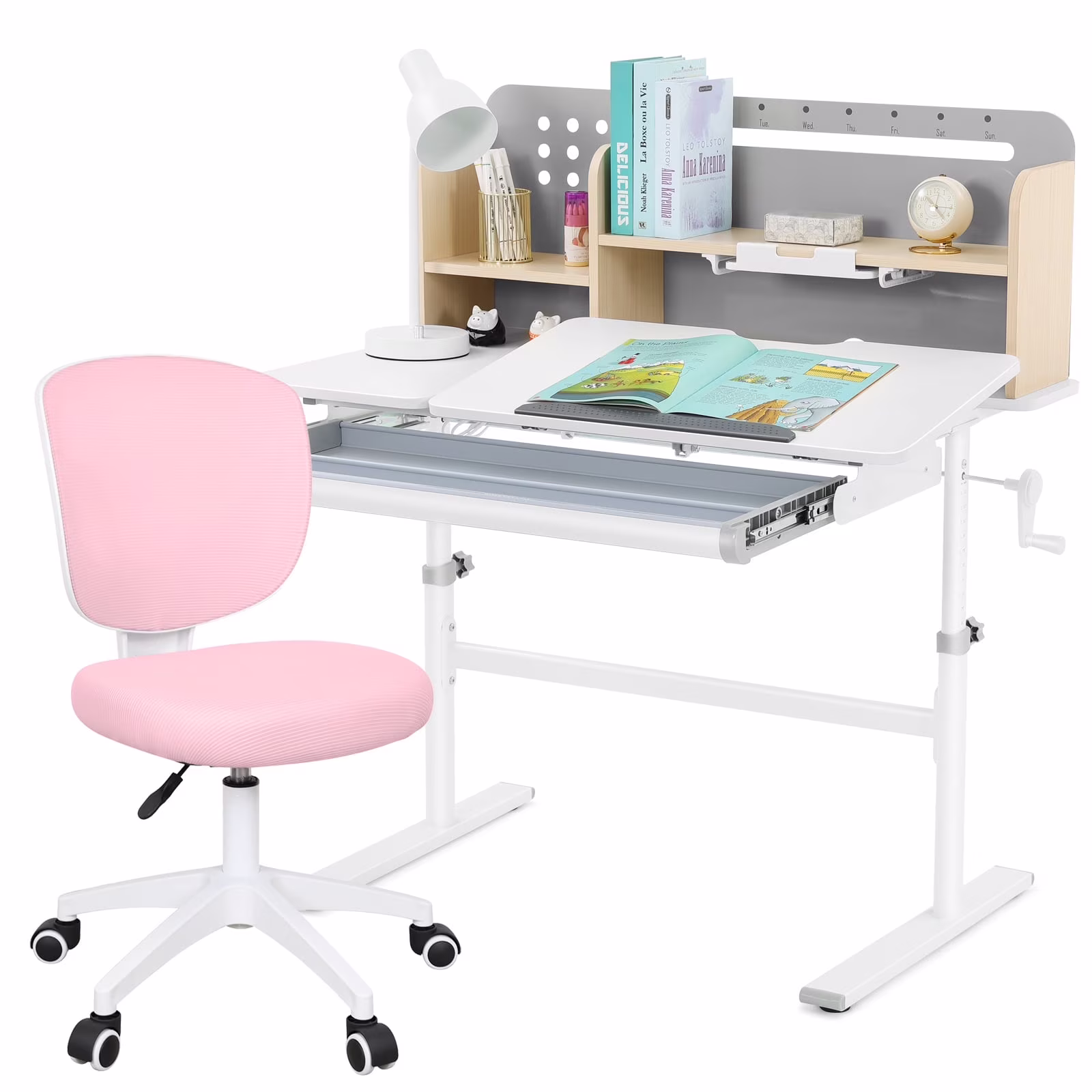 Adjustable Height Ergonomic Kids Study Desk & Chair Set Children Students Drafting Table Home School with Shelf,Drawer(Gray)
