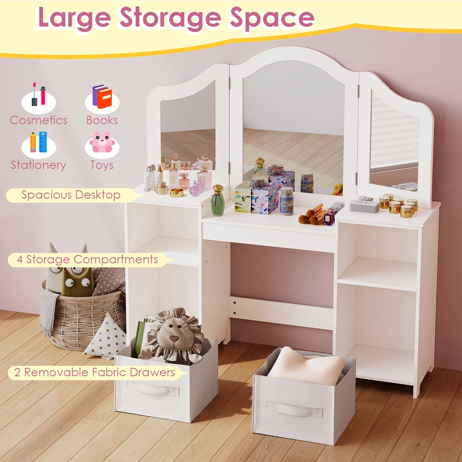 Arlopu Kids Vanity Set with Stool, Wooden Makeup Vanity Desk Children Dressing Table with Chair, Tri-Folding Mirror, Storage Cabinet & Drawers