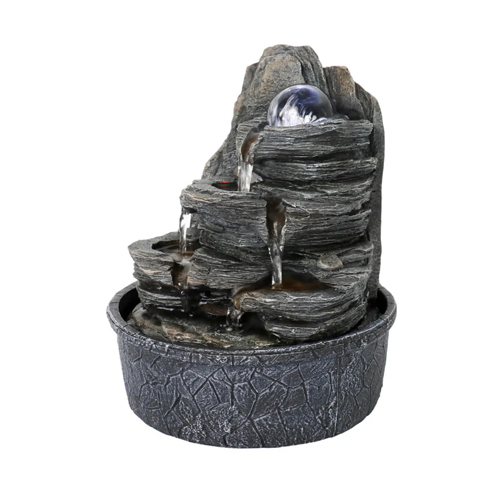 Indoor Water Fountain Tabletop with LED Light, Crystal Ball - 3 Step Zen Modern Portable Rock Waterfall Fountain for Office Desktop Decor