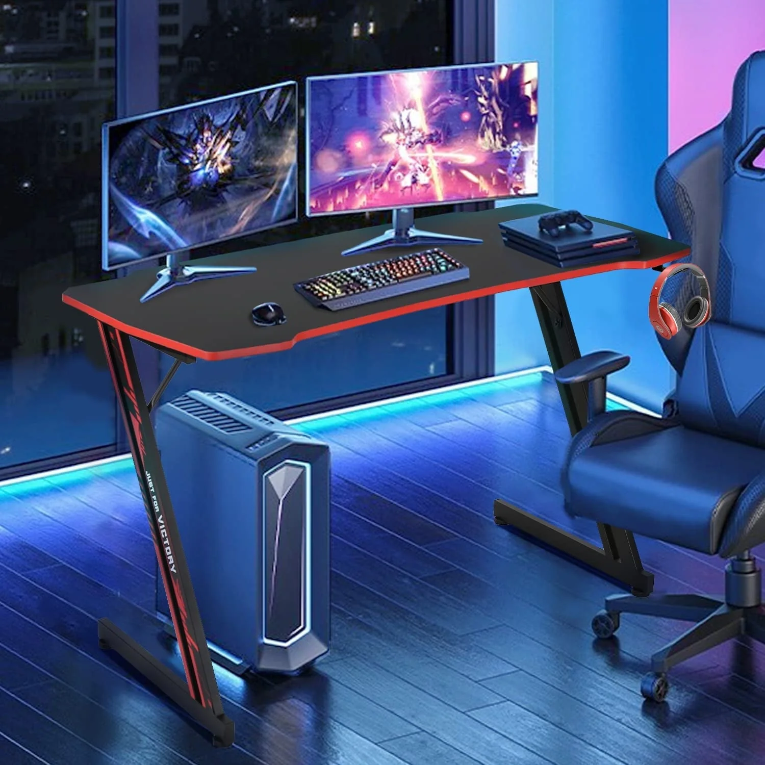 47 inch Z-Shaped Gaming Desk Computer Desk, Ergonomic Writing Office Desk Racing Style PC Gaming Table Workstation with Headphone Hook for Game Players, Red