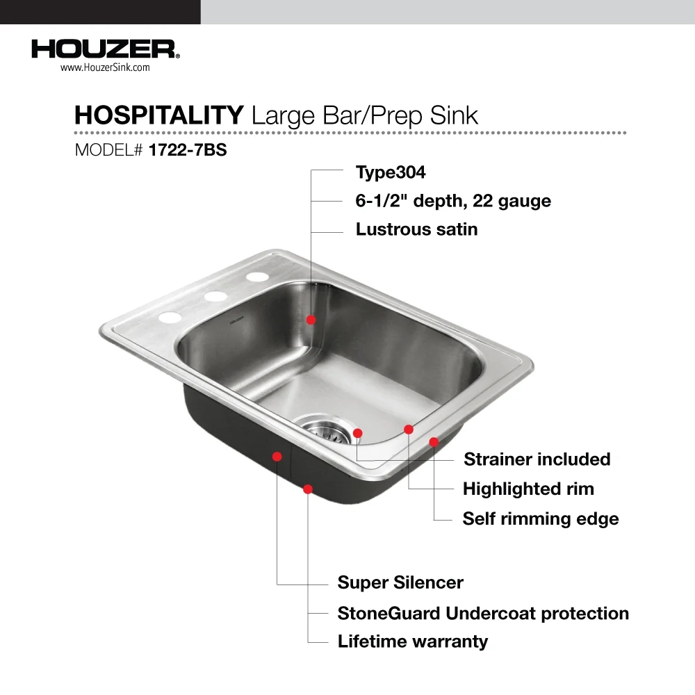 Houzer Hospitality 17 in Stainless Steel Topmount Single Bowl Bar Sink with Strainer - 1722-7BS-1
