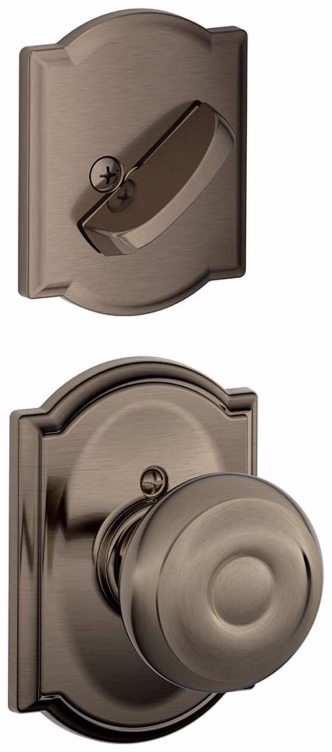 Schlage Lock Company F59GEO619CAM Satin Nickel Interior Pack Georgian Interior Pack Knob Set with Single Cylinder Deadbolt and Decorative Camelot Rose Interior Half Only