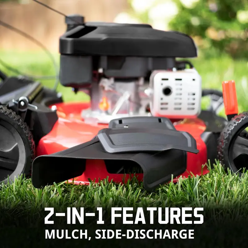 144cc 21-Inch Gas-Powered Lawn Mower – All-Terrain 4-Stroke Engine with Side-Discharge & Mulching. 6-Position Height Adjustment
