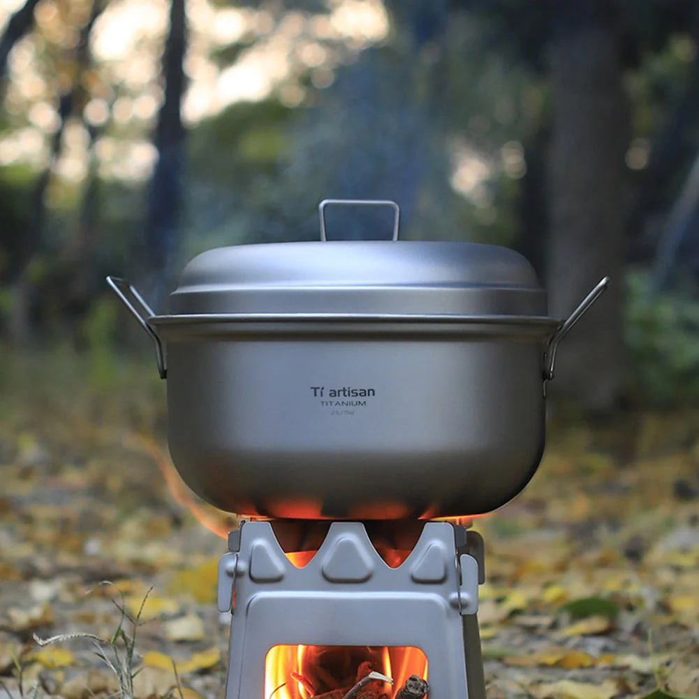 Outdoor Titanium Food Steamer Stock Pot Set Camping Soup Pot Pan Cooking Kit
