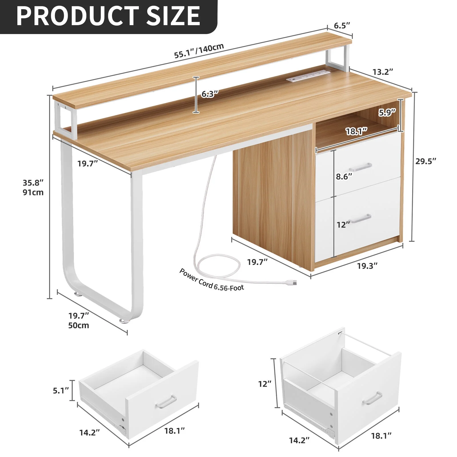 TDUKDB 47/55   Inch Home Office LED Computer Desk with File Drawer and Power Outlets. Ideal for Home Office  Study  Stable Design, Stylish  Simple-inch-Brown  White