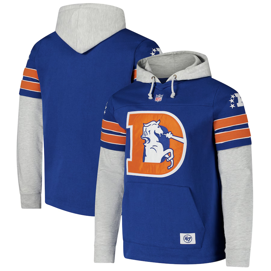 Men's '47 Royal Denver Broncos Double Header Blitz Cornerback Pullover Hoodie