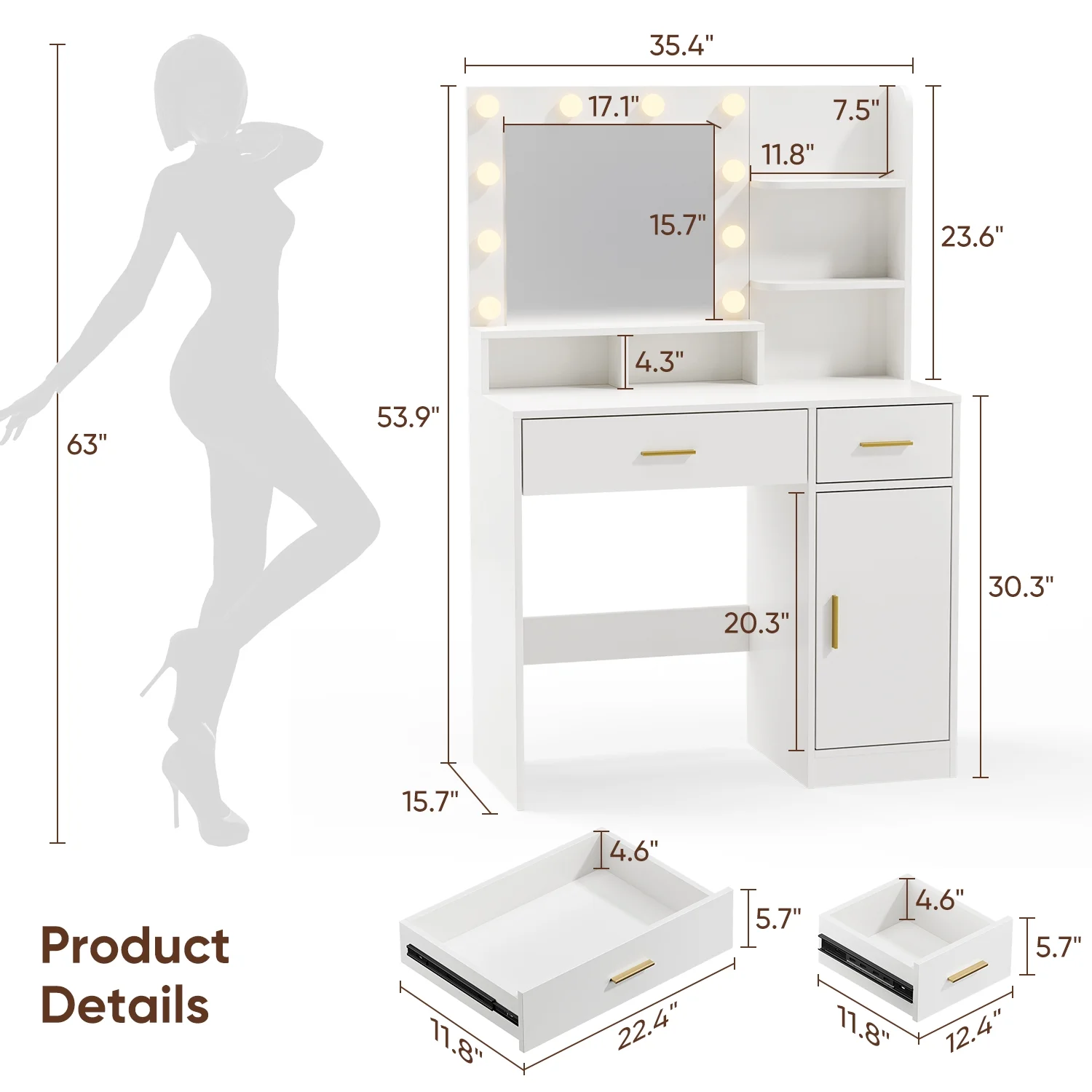eChamp Makeup Vanity Desk with 3 Color Light & Mirror, Vanity Table with 4 Drawers, Storage Shelf, Power Outlet, Adjustable Brightness Dressing Table, White
