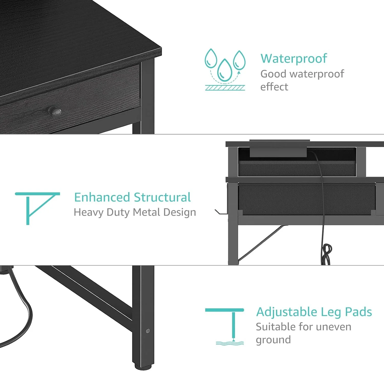 Small Desk with Drawers for Home Office Bedroom, 31 inch Black Writing Study Desks with Fabric Drawers Storage, Gaming Desk Table with Power Outlet & Monitor Stand, Black