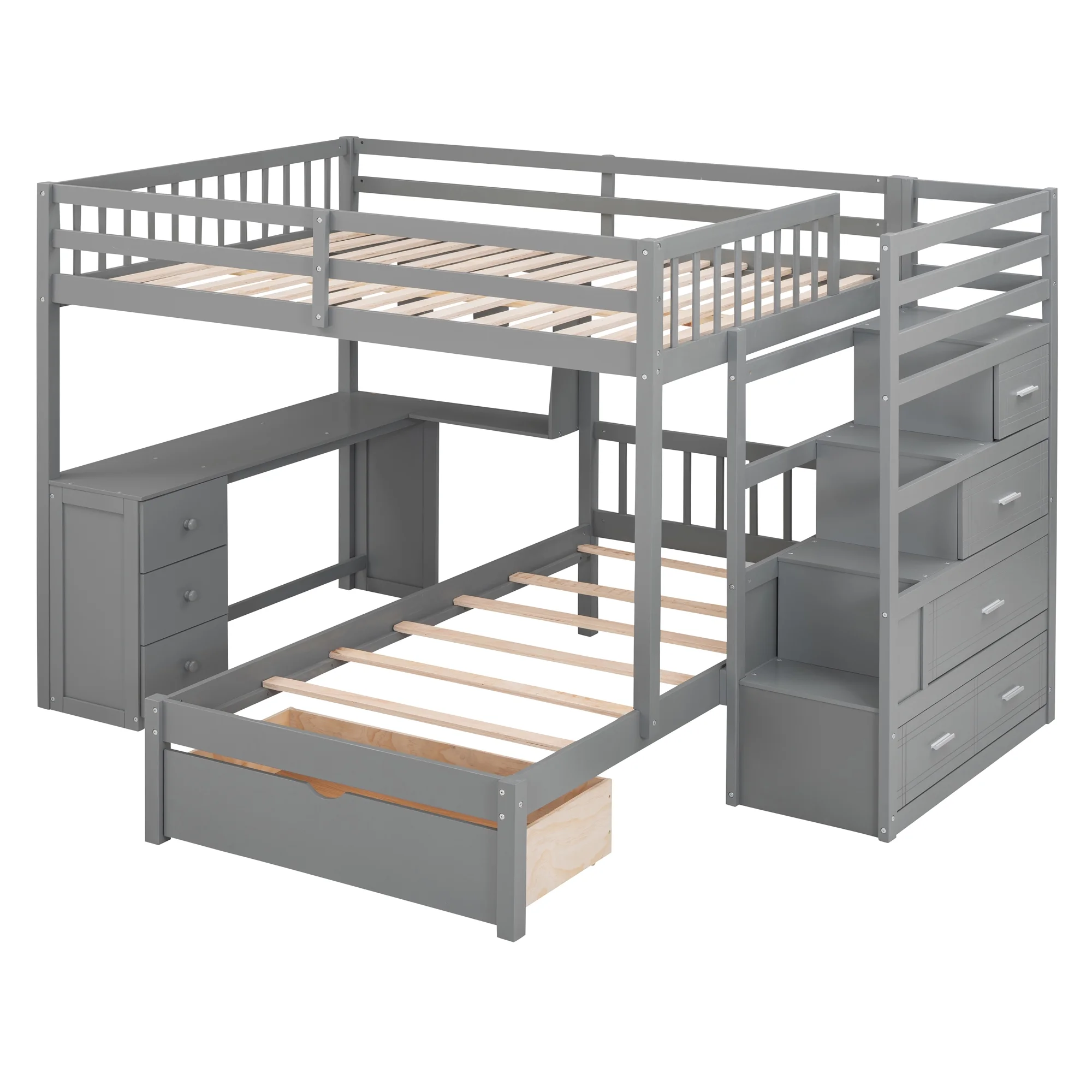 Harper & Bright Designs Full Over Twin Bunk Bed with Desk, Drawers and Shelves, L-Shaped Bunkbeds with Storage Staircase for Adults Bedroom, White