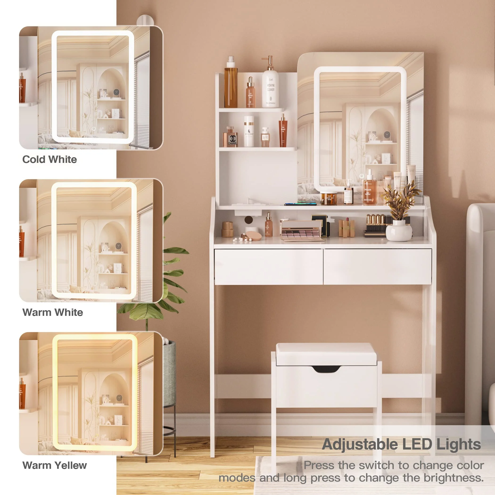 Veanerwood Makeup Vanity Desk with Lights and Power Strip, Vanity Dressing Table Set with Drawers and Shelves, Bedroom, 31.5in, White