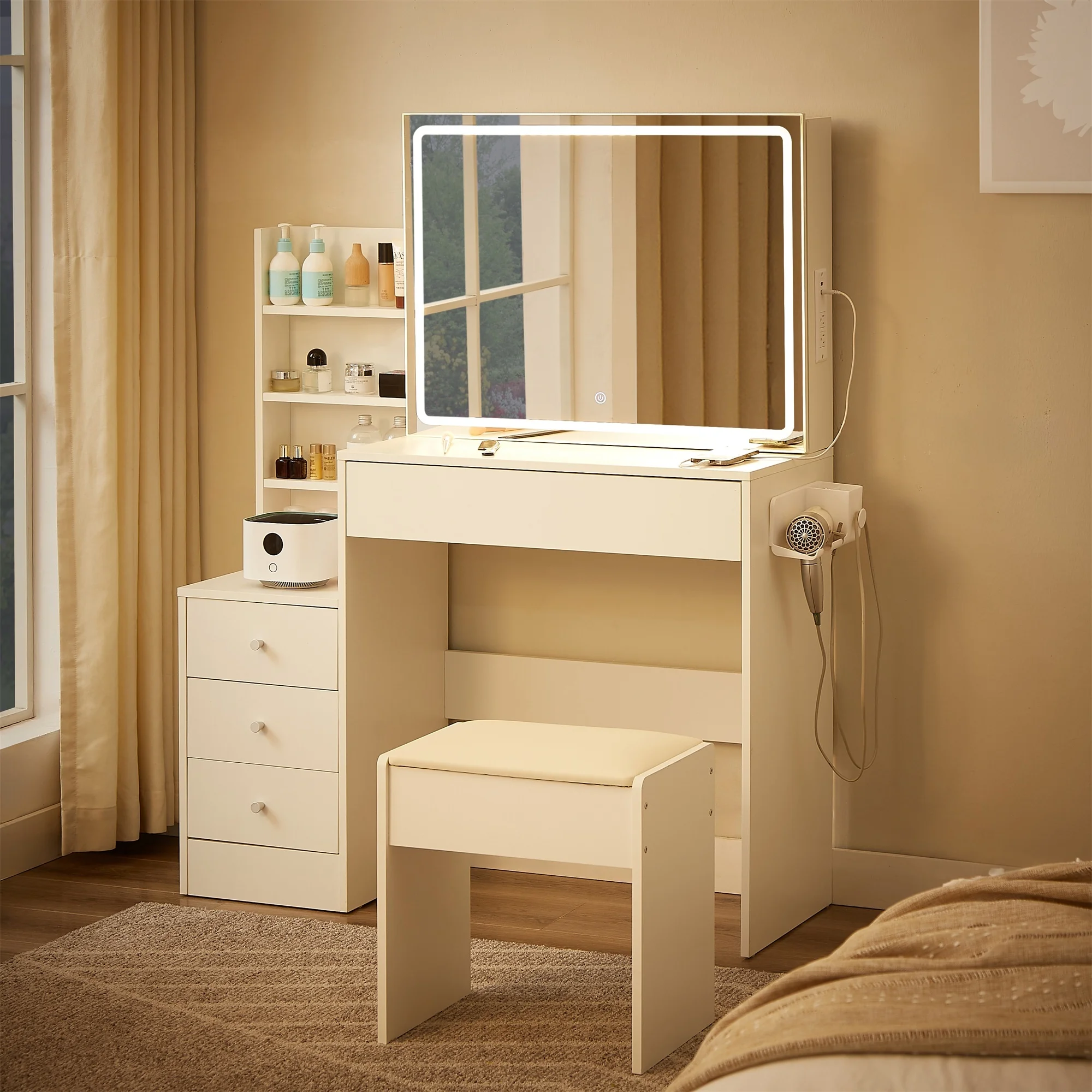 Alvantor Makeup Vanity Desk with Mirror & Lights, Dressing Table with Power Outlet and Hairdryer Shelving Vanity Set with Upholstered Stool White