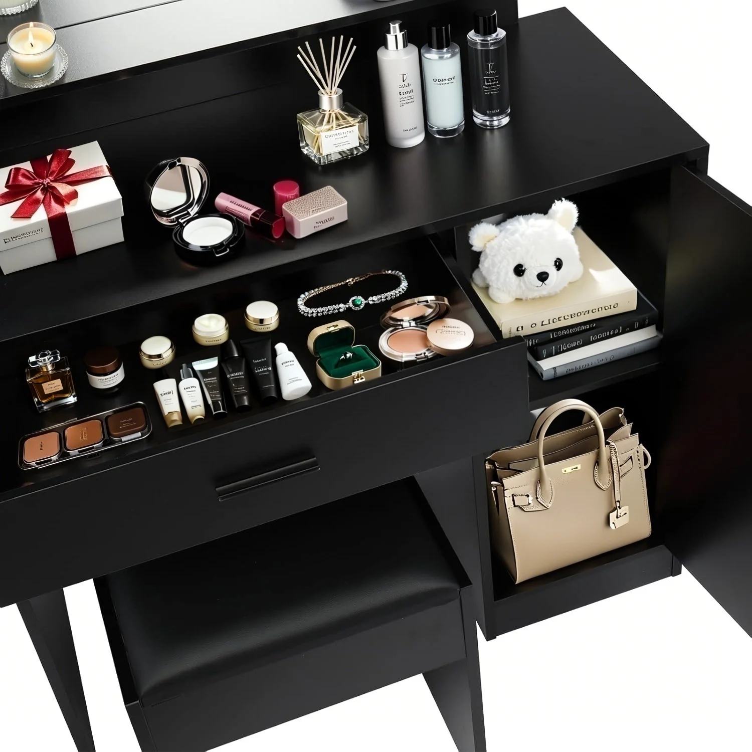 Vanity Desk with Mirror and Lights, Makeup Vanity with Drawer & Storage Cabinet, 3 Lighting Modes Adjustable Brightness, Makeup Desk with Open Shelves for Bedroom, Dressing Room, White