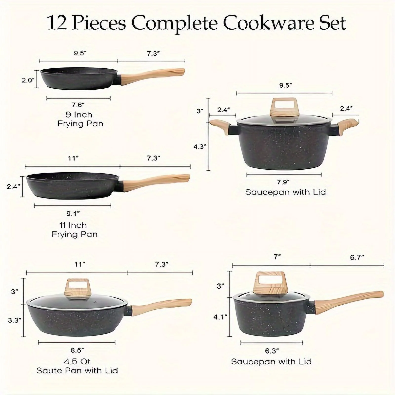 Non-stick 12 POTS and pans Set, Cookware Set, including frying pan, pan, steamer, silicone spatula and tongs - Granite cooking Set (black)