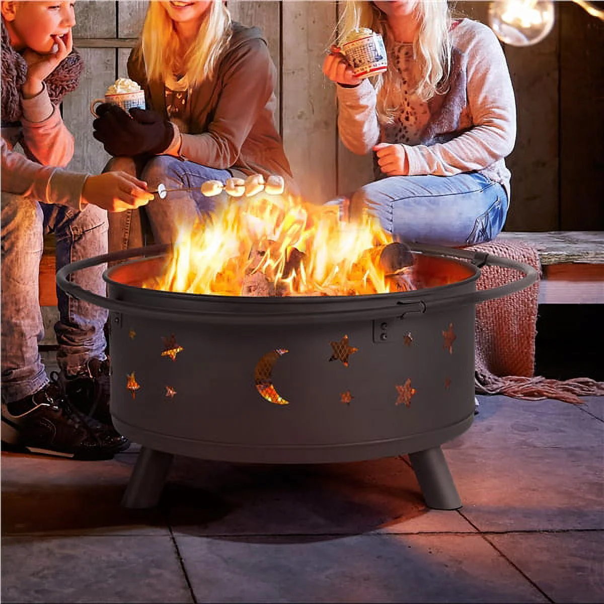 SMILE MART Iron Fire Pit Set Heating Equipment Camping Fire Bowl with Poker Mesh Cover for BBQ Backyard Patio Outdoor Fireplace Black