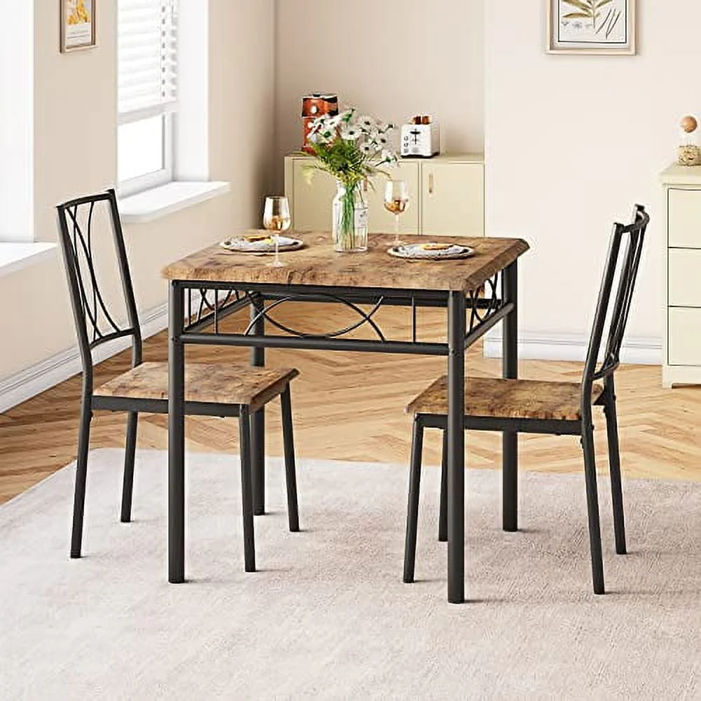 3 Piece Kitchen Table Set, Dining Table and Chairs for 2, Metal and Wood Square Dining Room Table Set with 2 Upholstered Chairs, Kitchen Table Set for Small Space, Apartment, Rustic Brown