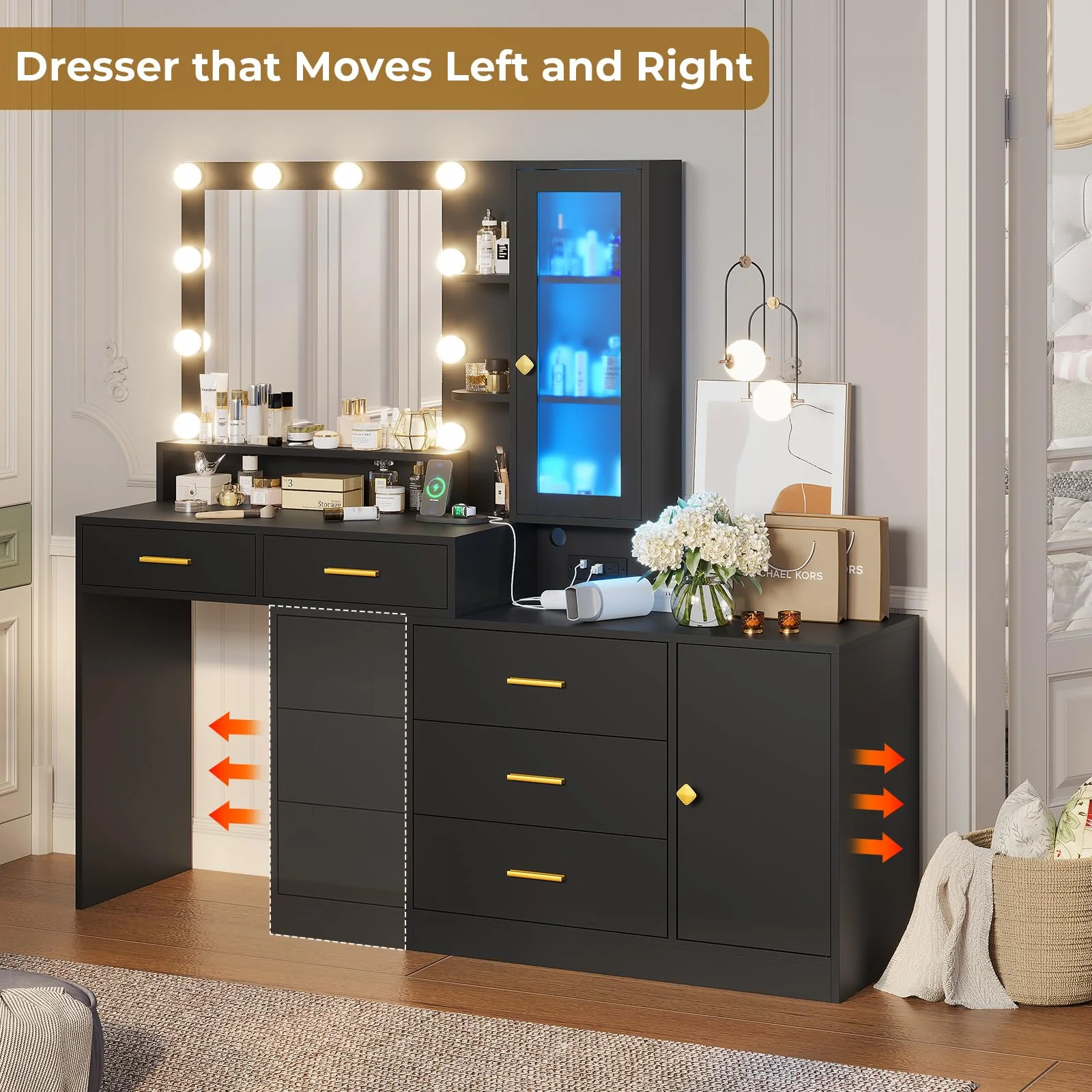 Afuhokles Vanity Desk with Mirror and Lights, Makeup Vanity with Charging Station and Dresser, Black