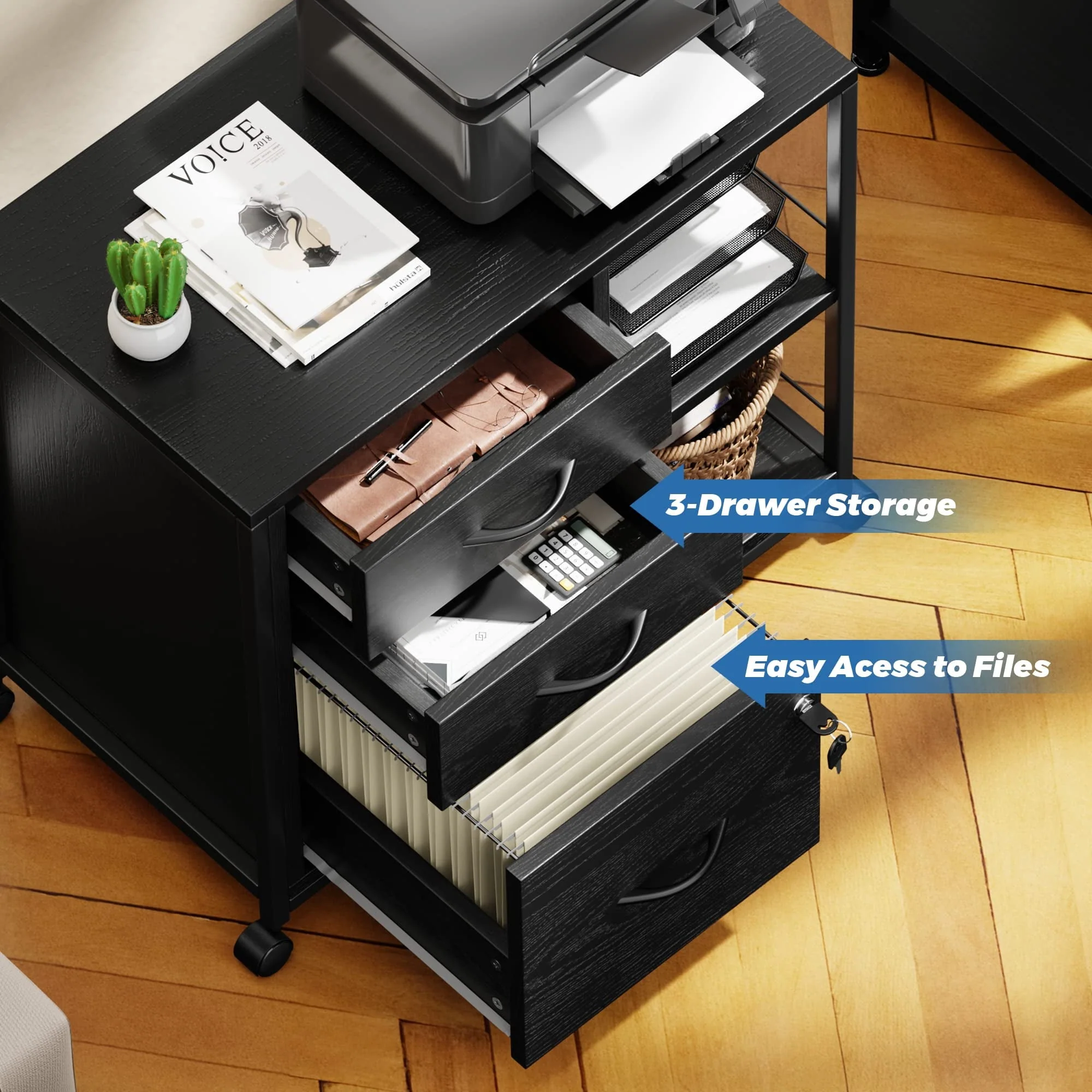 Himusi File Cabinet with USB Charging Ports Socket, 3 Drawers File Organizer for Home Office, Rolling Lateral Filing Cabinet for Printer Stand with Storage, Balck