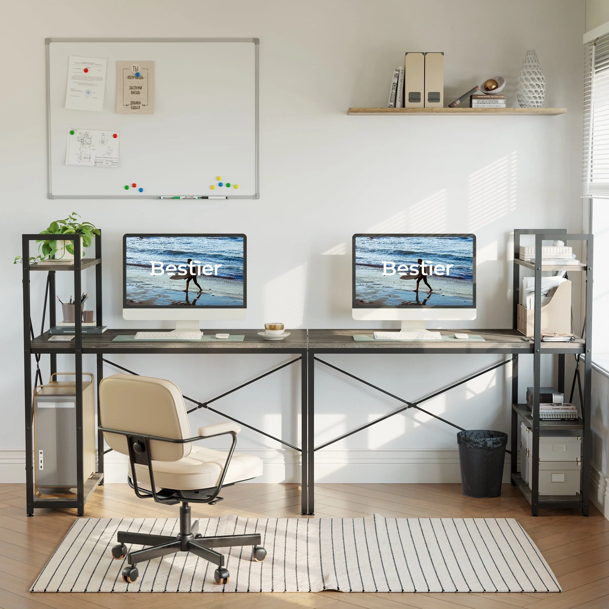 Bestier 47'' Computer Desk with Shelves for Home Office Retro Grey Oak-Dark Finish