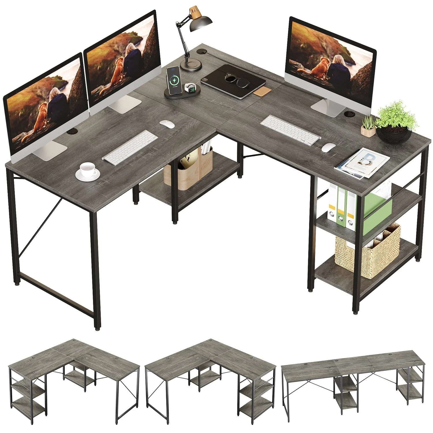 Bestier 95.5 inches L-Shaped Corner Computer Desk with Shelves Long Table in Grey